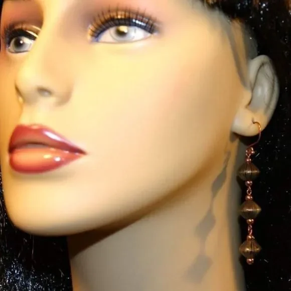 Handmade Striped Wooden Bead & Copper Dangle Earrings - Picture 5 of 5